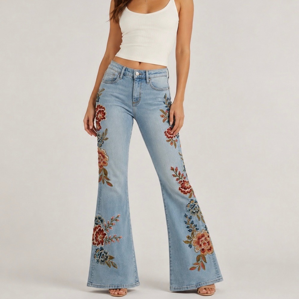 NEW Driftwood Farrah Flare Jeans Light Wash Embroidered Floral Size 28